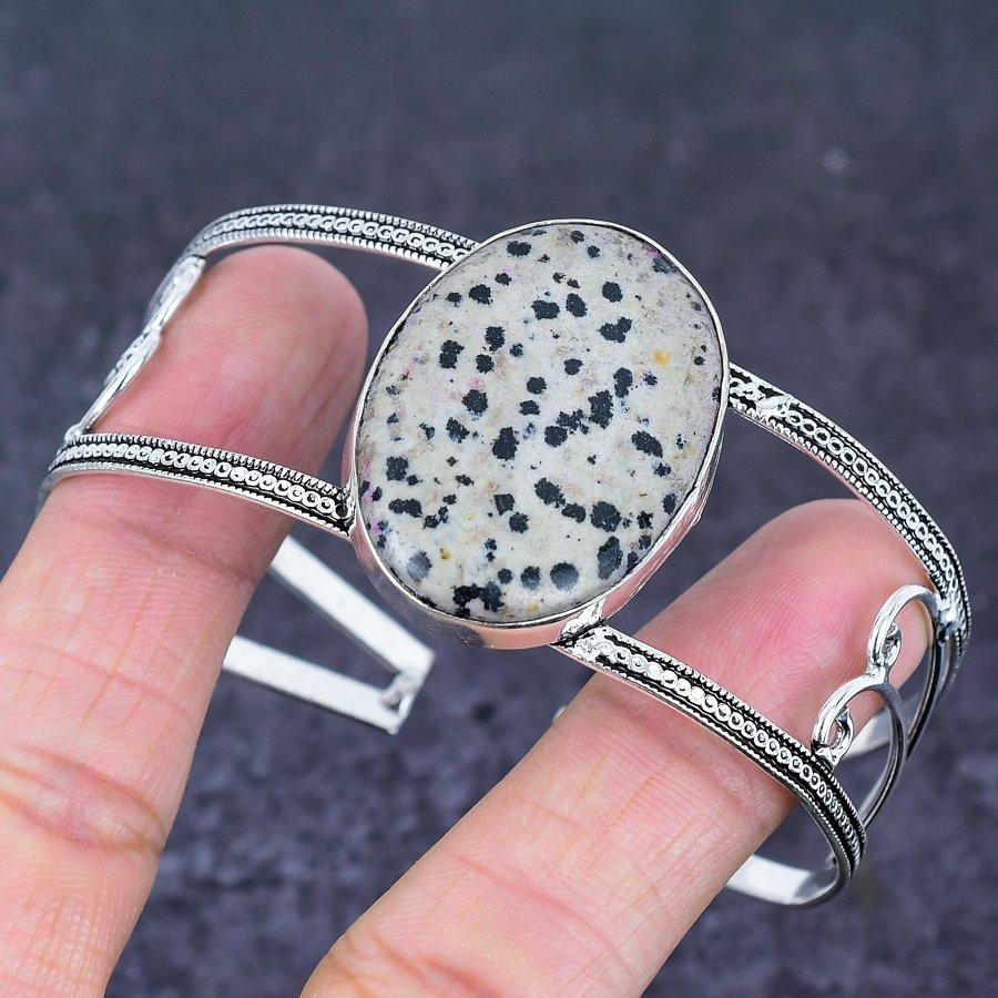 Natural Dalmation Jasper Gemstone 925 Sterling Silver Cuff Bangle Adj I4r50