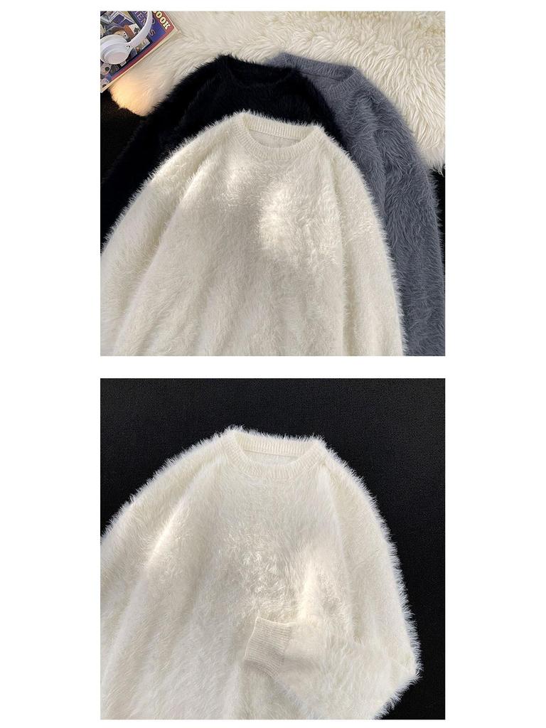 Men's Trendy Soft & Fluffy Knit Sweater - Solid Color, Lazy Style, Thickened for Autumn/Winter