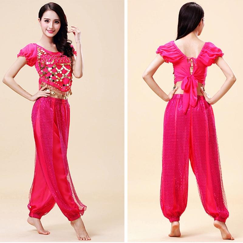 2Pieces Belly Dance Costume Set Coins Top Lantern Pants Set Halloween Costume Belly Dance Outfits for Dress Up Party