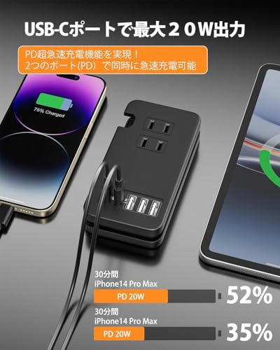 TOPWE Power Strip with USB-C Type-C, PD 52W, USB Outlet, Extension Cord, USB-C Port, USB-A Port, AC Outlet, Cable Storage, PSE Technical Standards, AC