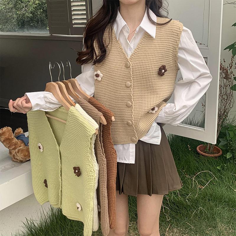 3D výšivka květinový vzor Jednořadá pletená tílko bez rukávů kroucená vesta