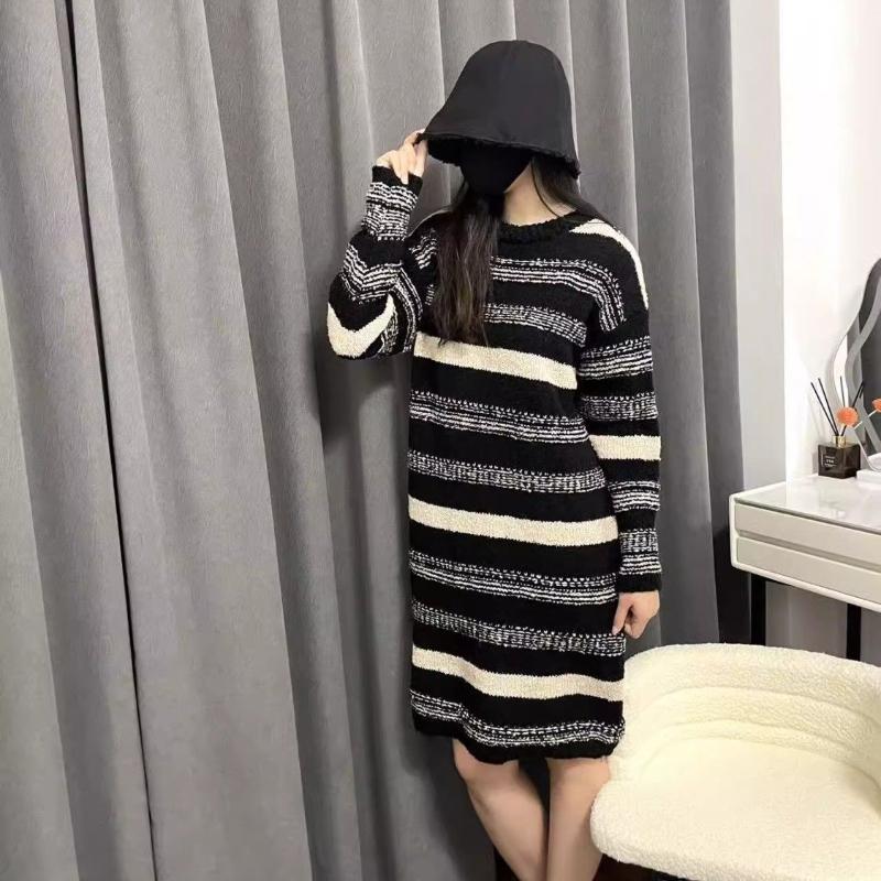 Fashionable Striped Knitted Sweater Dress for Women, Loose Fit and Lengthy, Thickened and Soft Dresses