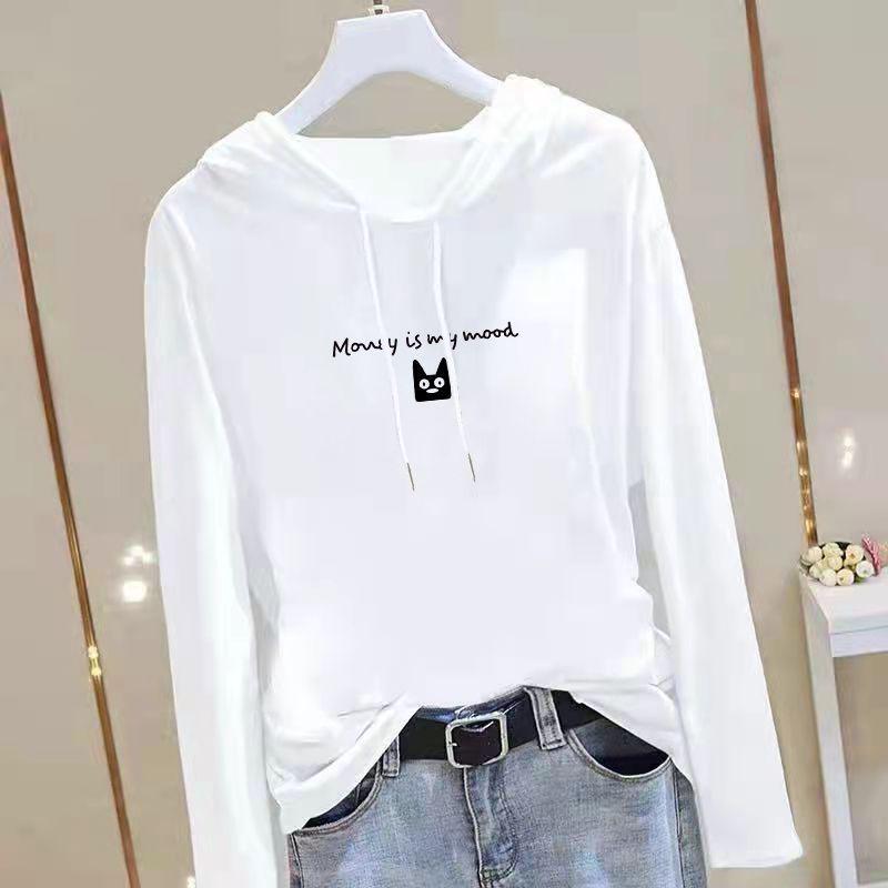 Women s Hooded Pure Cotton Long Sleeve T-Shirt - Versatile SpringAutumn 2025 Fashion Top XL 115-125 Jin 1798₽