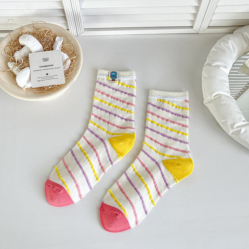 

Cartoon Fabric Label Socks for Women s Summer Trend Design. Colorful Polka Dot Stripes Are Cute and Funny. Wear Mid-calf Socks Inside Out 1 pair