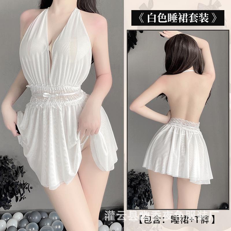 New women's deep V temptation backless design perspective double-layer mesh skirt pendulum sexy neck nightdress