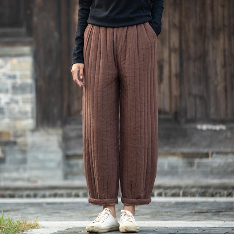 

New Winter Artistic Retro Ribbed Slimming Quilted Women s Warm Cotton Linen Pants One Size