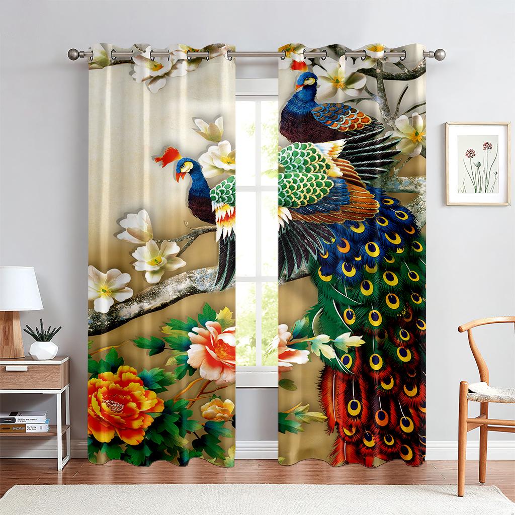 Classic Peacock Print Curtain Blue Embossed Effect 2 Panel Fit Living Room Bedroom Balcony Kitchen Window Decor