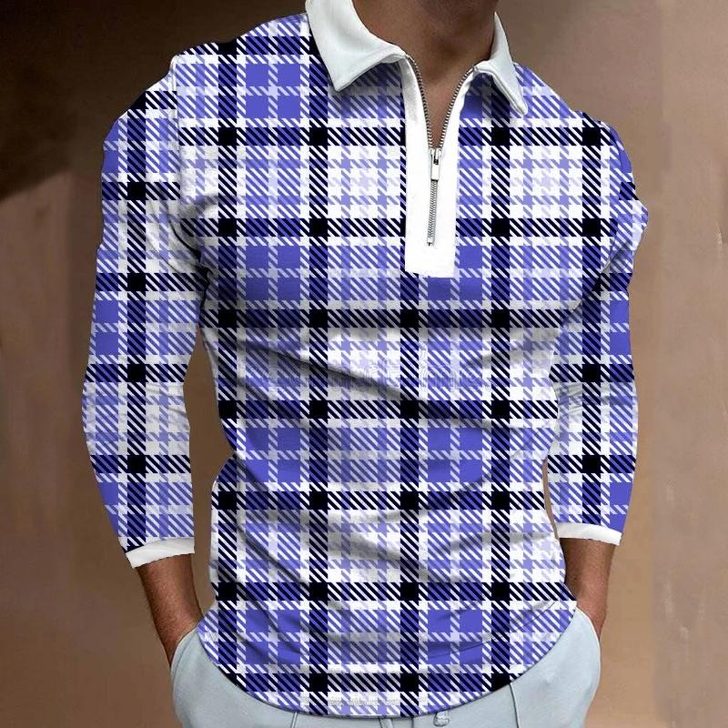 Men Clothes Long Sleeve Zipper Polo Shirt Men Casual Geometric Pattern Print Men Tops Polo Shirt 100% Polyester