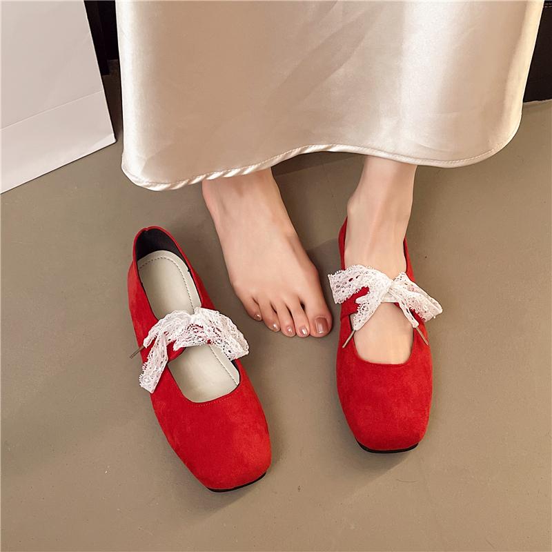 Fashion Fall New Square Toe Suede Soft Sole Non-Slip Sneakers Fashion Lace Bow Flats