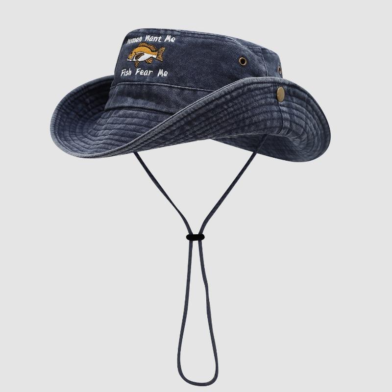 Mode Sommer Frühling Outdoor Bestickter Fischerhut Damen Wollen Mich Fische Fürchten Mich Breiter Rand Sonnenhut zum Angeln Wandern Panama Hut