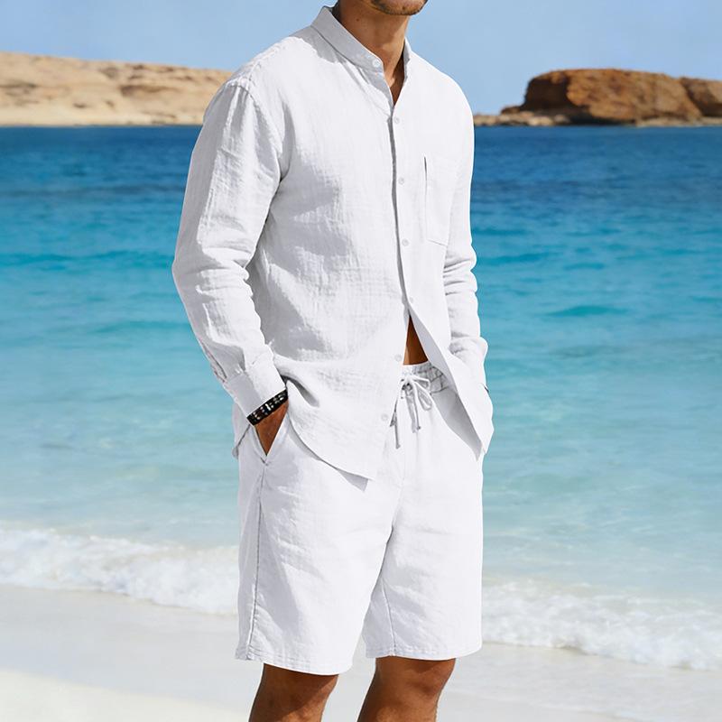 Mens American Style Casual Loose Long Sleeve Shirt And Shorts Set