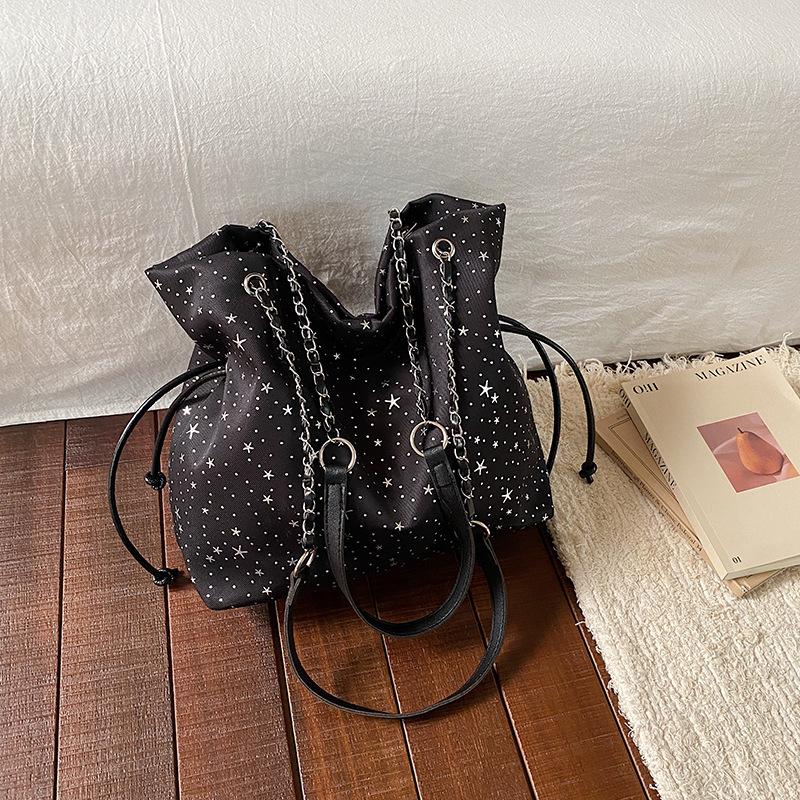 Star Print Drawstring Bucket Bag Women Casual Soft Shoulder Bag Lightweight Simple Tote Bag Large Capacity Daily Commut Hobo Bag