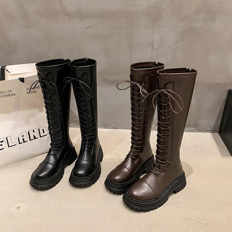 New women's boots autumn and winter British thick-soled lace-up boots women's round head fashion small tall boots