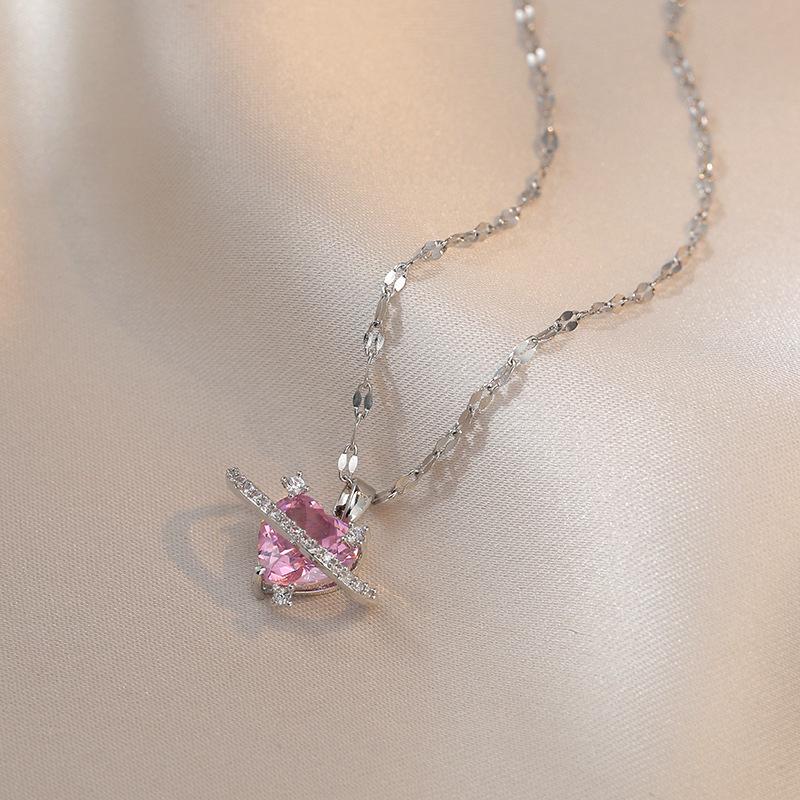 Women's Fashion Heart Planet Necklace – Diamond Inlaid Heart Pendant On Clavicle Chain