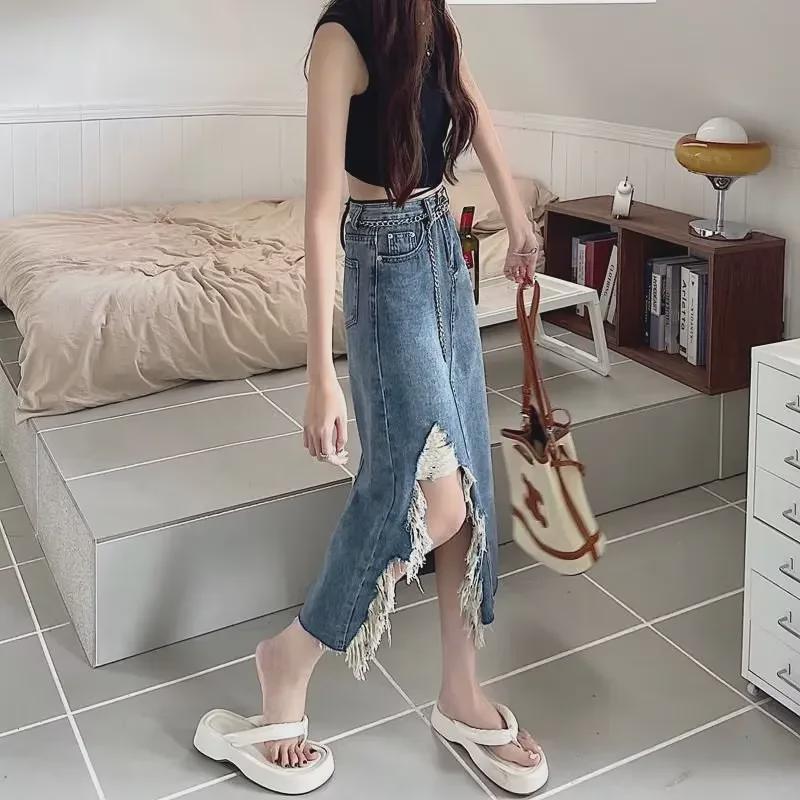 2023 Letní džínová sukně áčkového střihu s vysokým pasem pro ženy - Nepravidelný rozparek, střední délka, slim fit