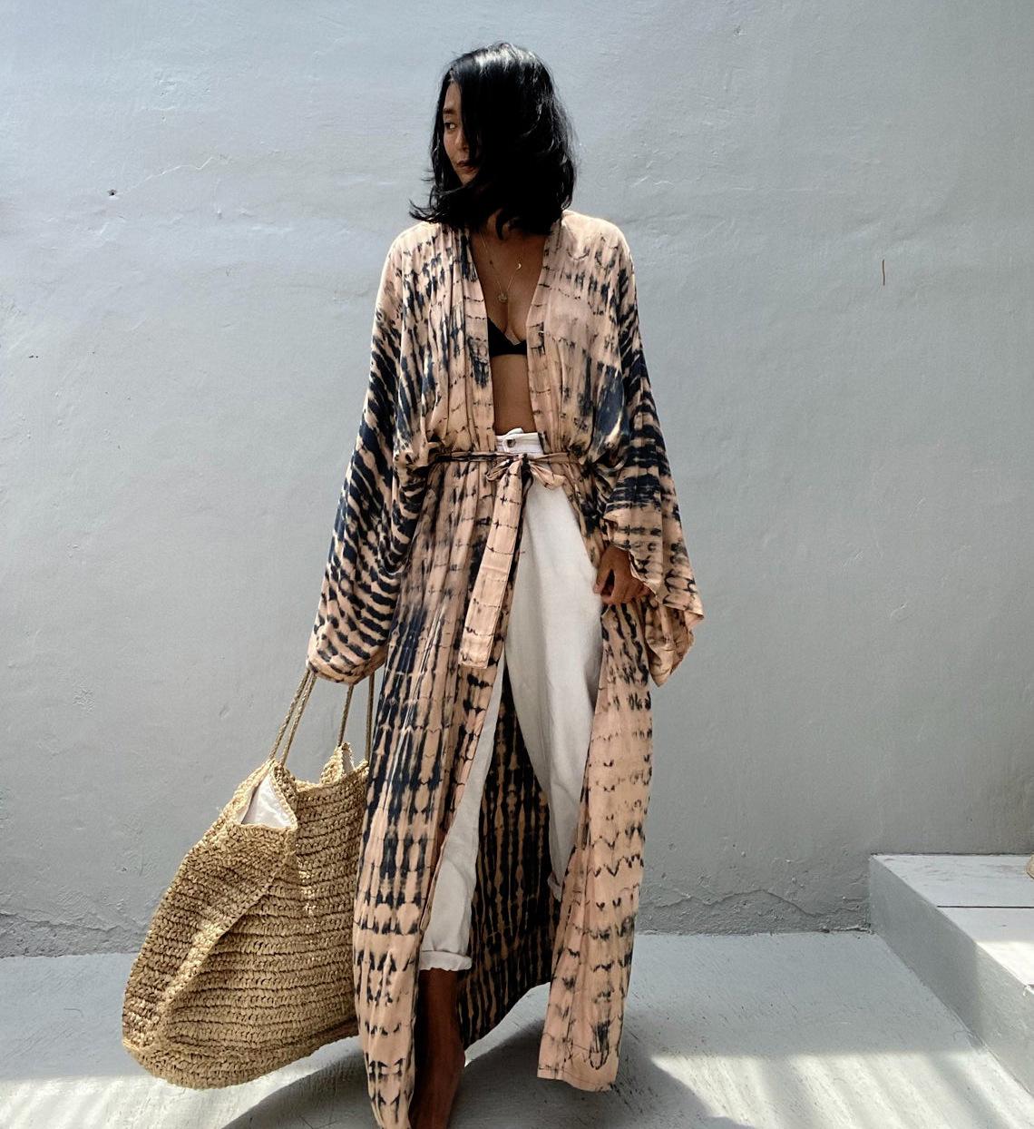 

Европейский и американский хлопковый пляжный халат тай-дай: Женская свободная солнцезащитная накидка для отпуска и купальника One Size