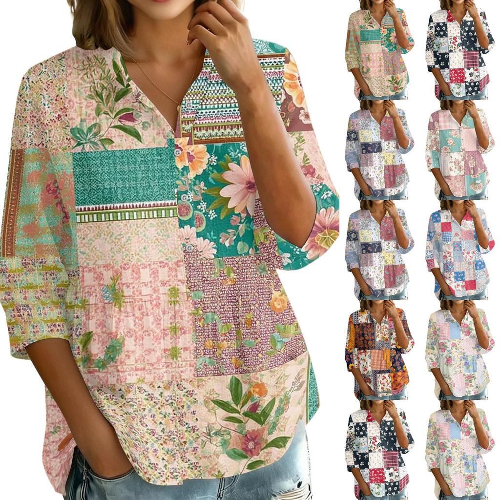 Women's Button Front Shirt Patchwork Print Loose Fit Three Quarter Sleeve Blouse Collared Neck Casual Top