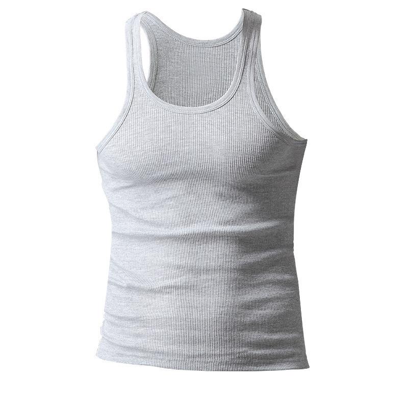 Men's Heavyweight White Ribbed Crew Neck Summer Tank Top - Elastic, Sweat-Wicking Fitness Wear