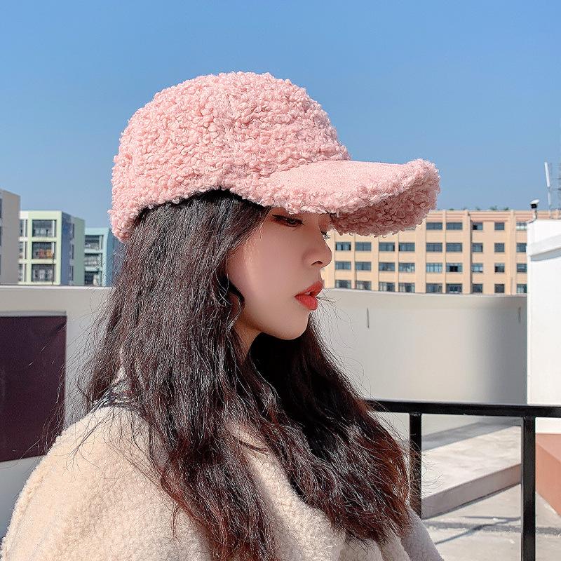 Lamb Wool Hat Women's Autumn and Winter Cap Ins Face Small Thickened Warm Baseball Cap Winter