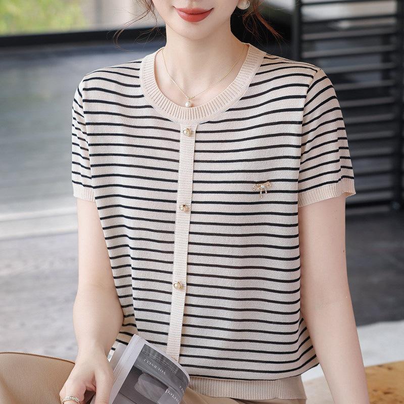 Trendy Summer Ice Silk Blouse Set for Middle-Aged and Elderly Women - 2026 Short Sleeve T-Shirt.