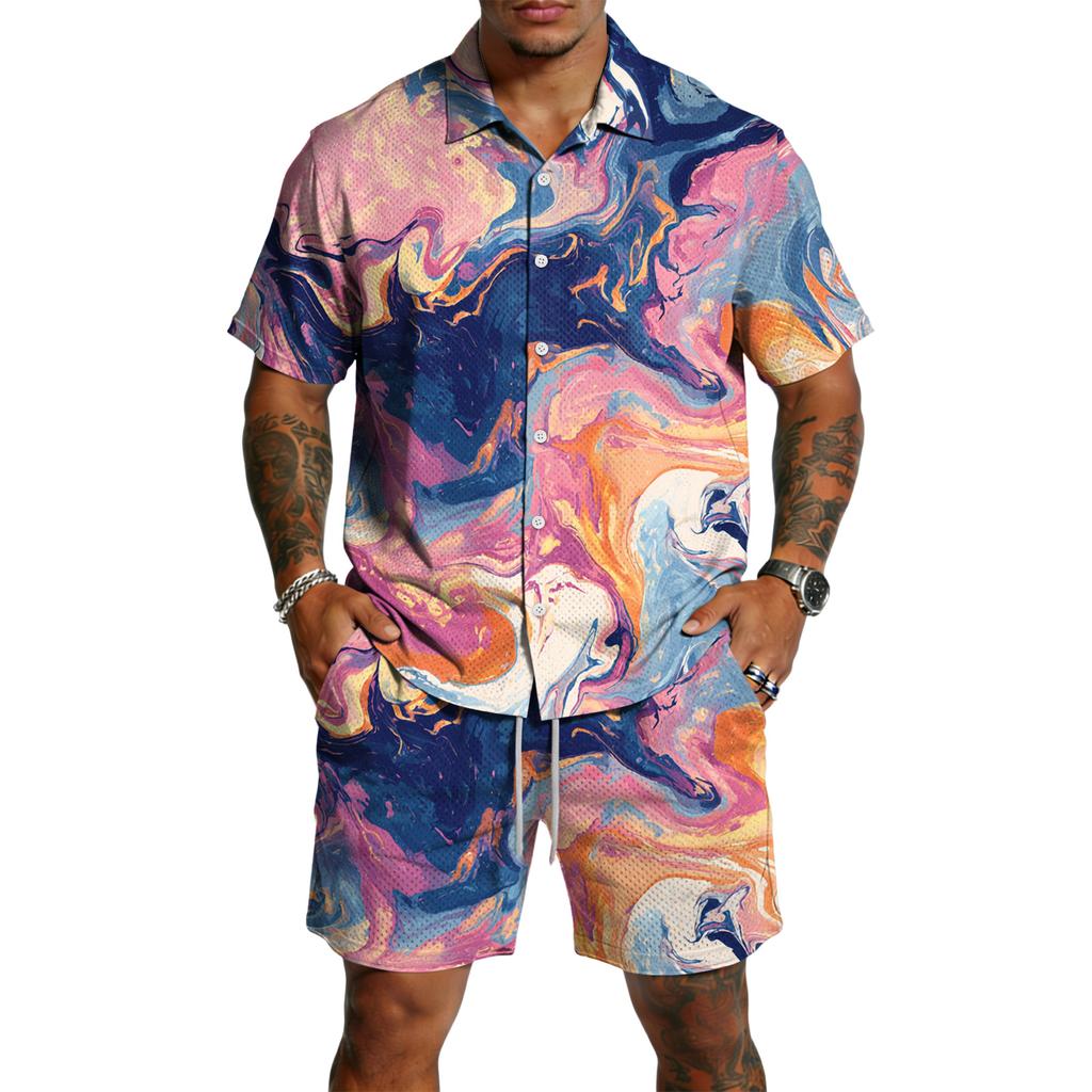 Men’s Short Sleeve Button Down Shirt and Shorts Set Abstract Swirl Print Lightweight Two Piece Outfit for Summer Beachwear