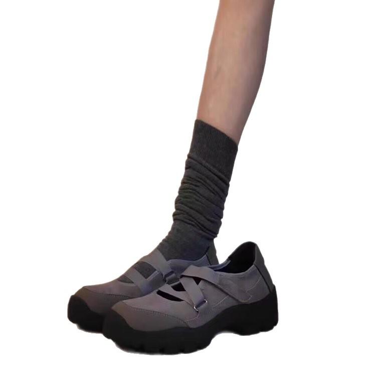 Sheepskin version~ retro Velcro round head Mary Jane shoes children's light mouth thick heel single shoes platform casual sports shoes