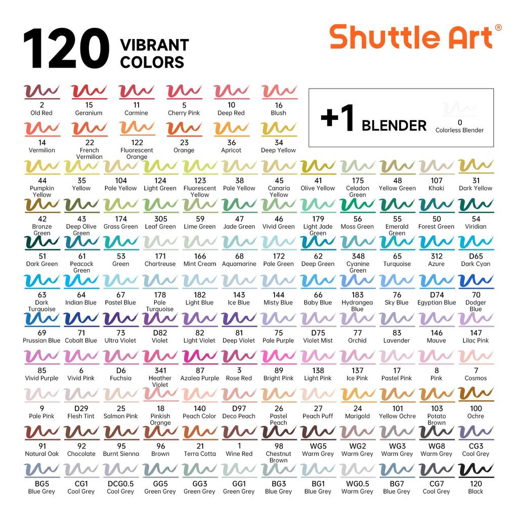 Shuttle Art Illustration Marker Alcohol Twin Tip Blender Carrying and Color Chart Perfect for Coloring and Art A Great Gift for Adults and 120-Color