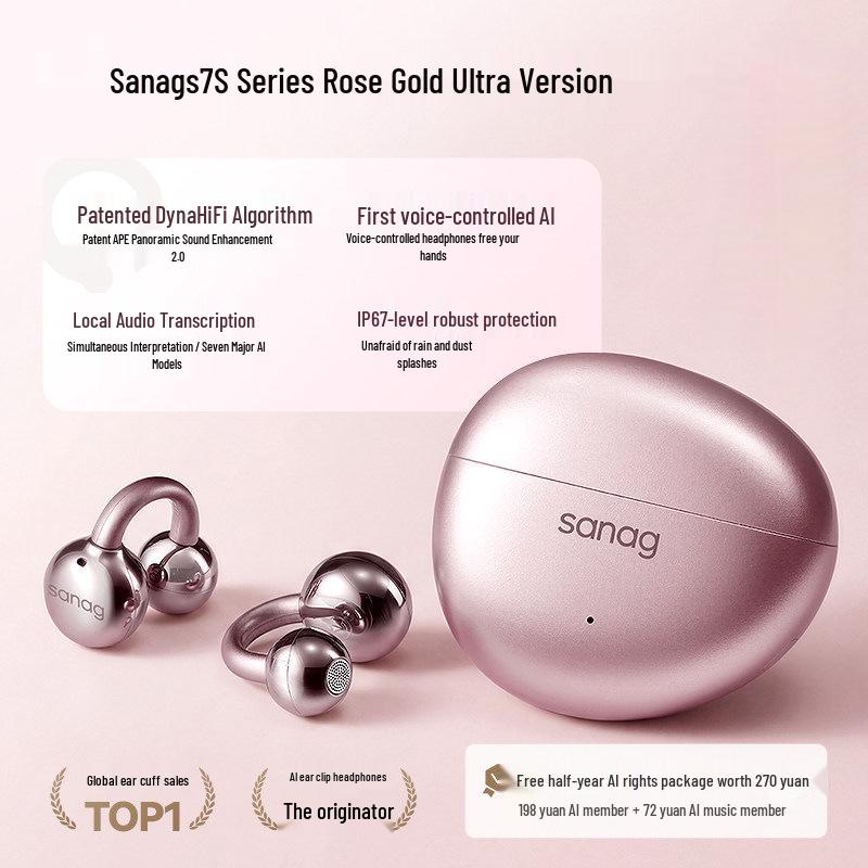 Sanag S7S Bluetooth Ear Clip Earphones with AI Translation and Air Conduction for 2025 Sports - Open, Not In-Ear Design