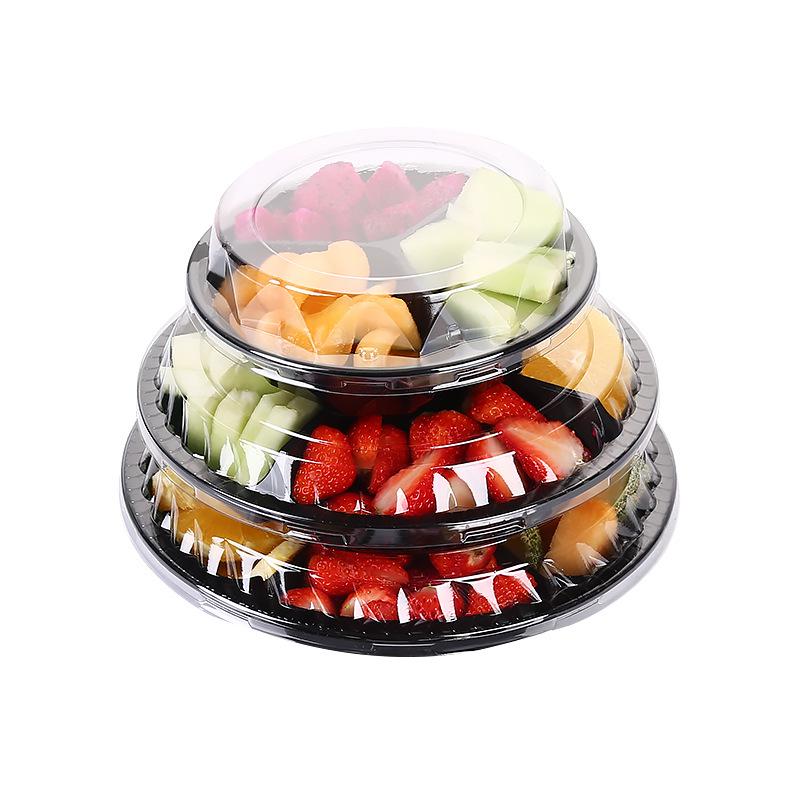 Transparente runde Einweg-Salatschale mit dreigeteilter Obstschale