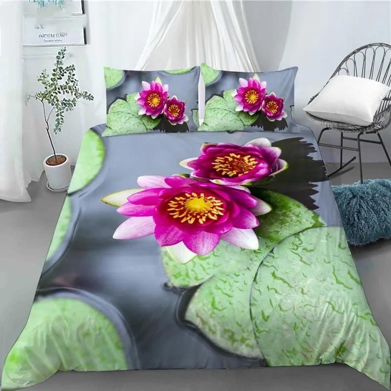 3D Lotus Flower Painting Duvet Cover Polyester Quilt Cover with Pillowcases King Queen Size for Kids Teen Adults Bed Decor Gifts