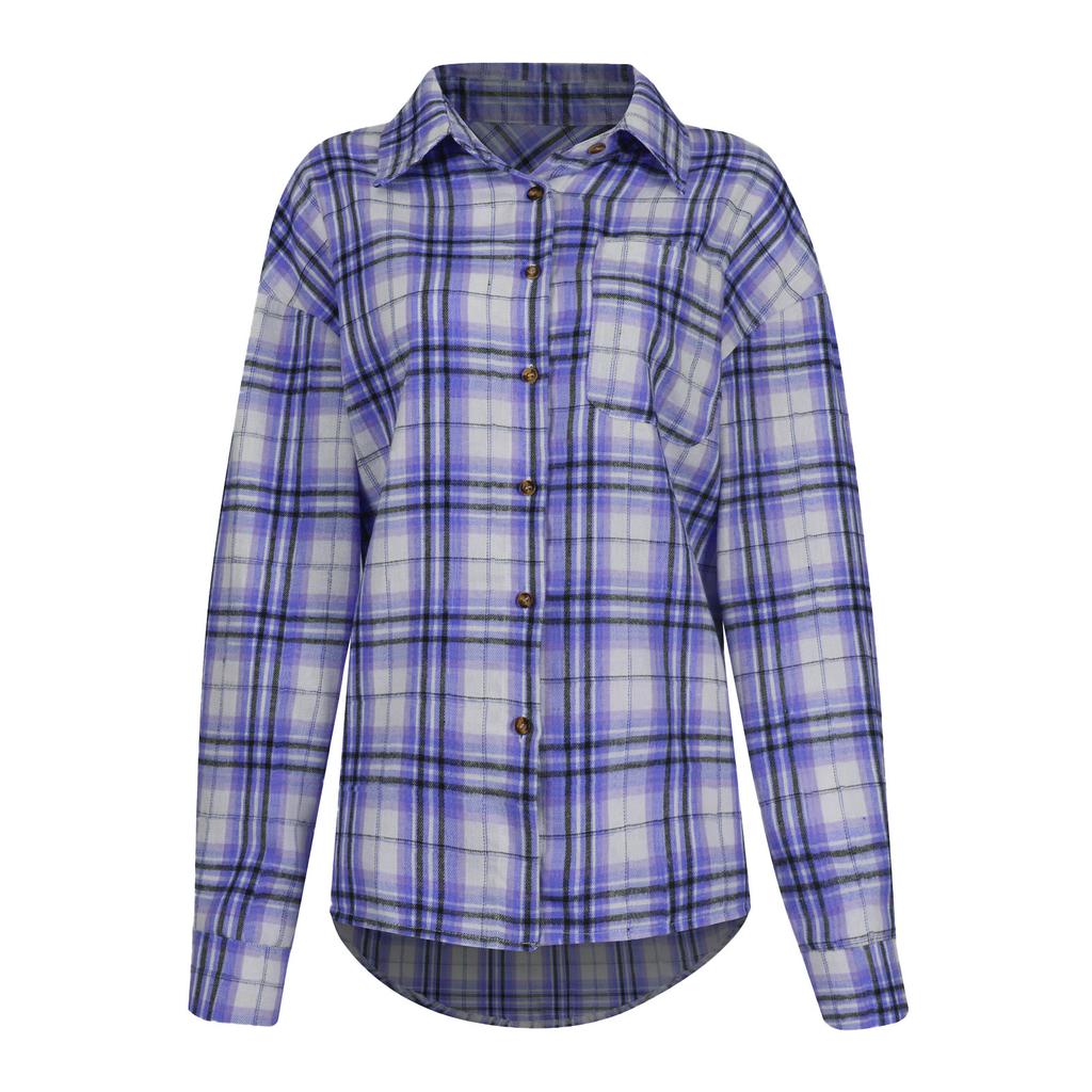 Women Loose Top Plaid Color Block Long Sleeve Casual Ladies  Blouse Coat Shirt Jacket