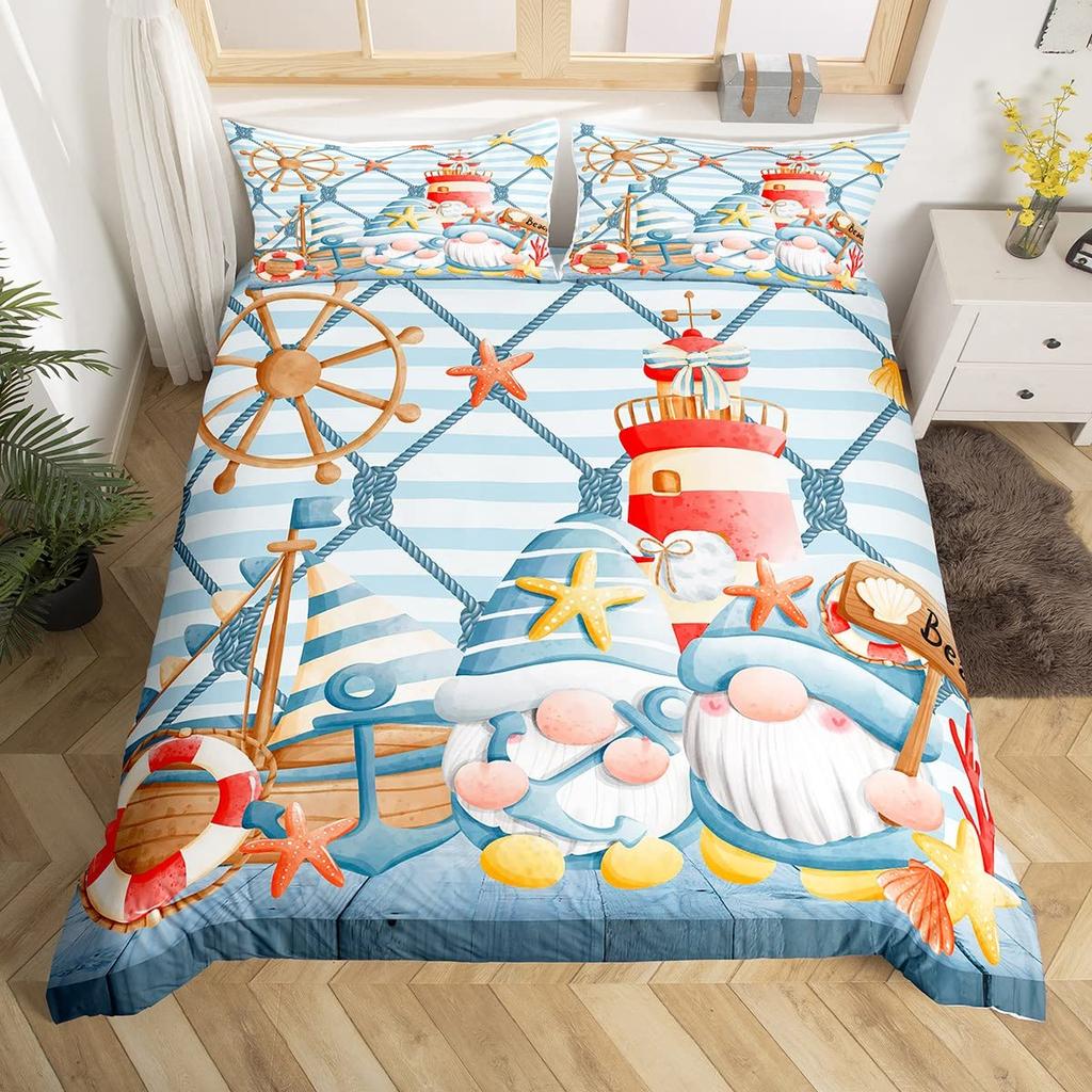 Beach Starfish Duvet Cover Set Blue Ocean Coastal Bedding Set Cute Ocean Creatures Seashells Starfish Print Comforter Cover Sets