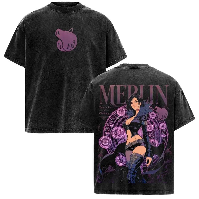 Hot Anime The Seven Deadly Sins Merlin Print T-shirt Men Women Short Sleeve Clothing Cotton Tshirt Washed T Shirt Manga High Quality Tops