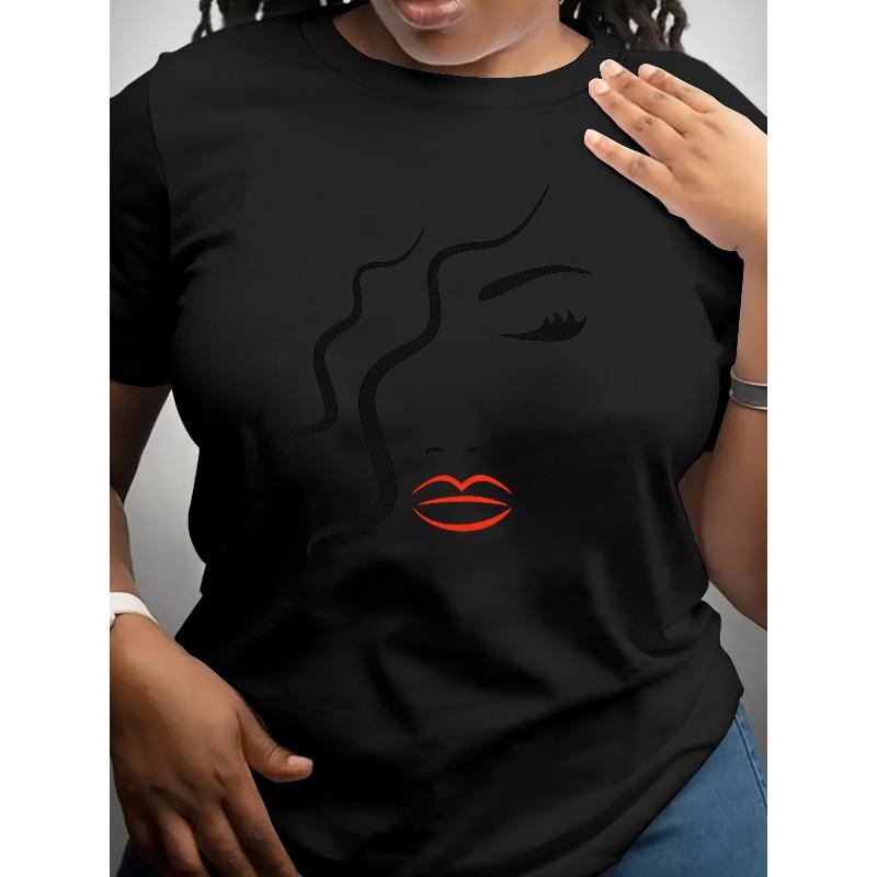 European Size Women's Facial Expression Print T-Shirt - Expressive Face Designs, Loose Fit Top, Casual Summer Blouse Suitable for Spring Summer Fall