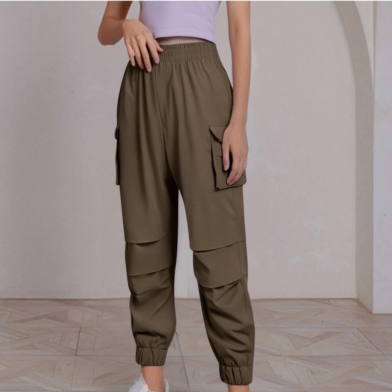

Women s Fashion Casual Summer Multi-Pocket Solid Color Workwear Casual Pants L кофейный