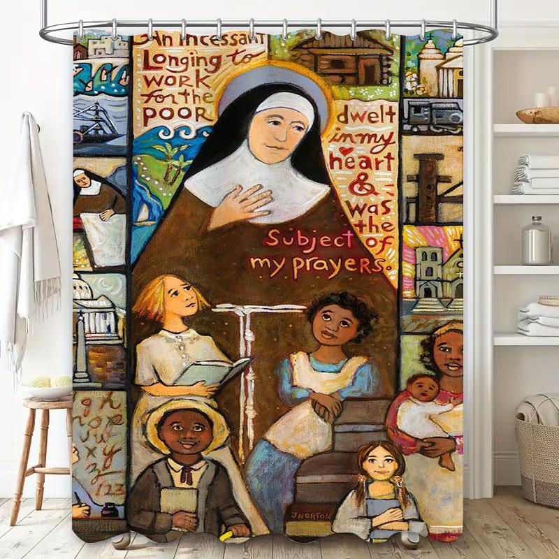 Vintage Boho Style Artistic Shower Curtain Featuring Saint Mother Teresa With Children Decorative Fabric Bath Mat Set In Multico