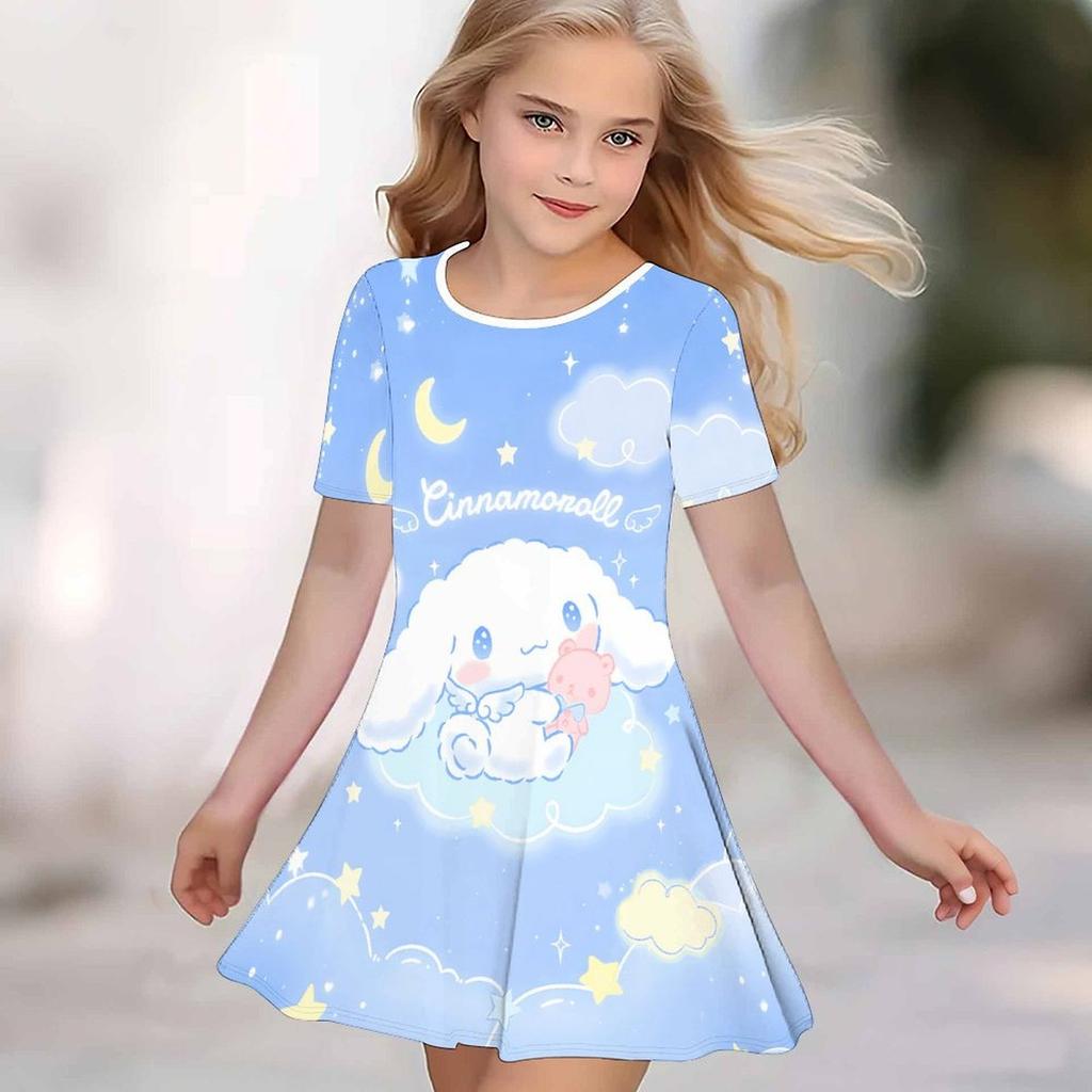 Girls 3D Print Dresses Kids Girl Party Short Sleeve Princess Dress Tank 3D Likable Cartoon Print Dress