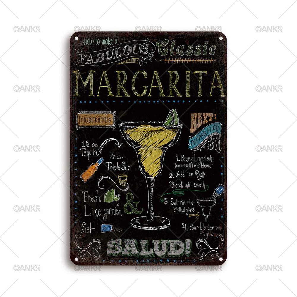 Vintage Art Cocktail Poster Metal Tin Sign Fabulous Classic Margarita Recipe Salud Metal Signs for Home Pub Bar Wall Decor 20x30cm(7.8x11.8inch)