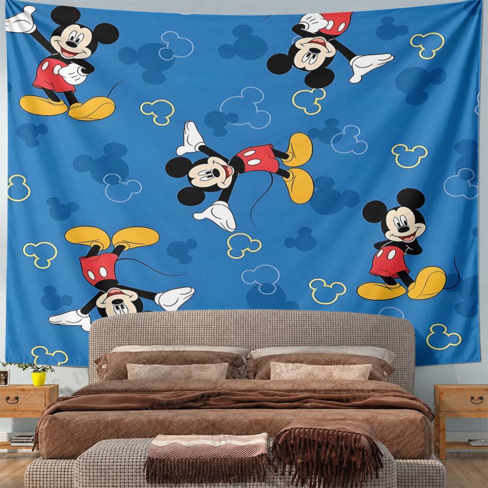 Wide Wall Tapestry Mickey Mouse Poses Seamless Pattern on Blue With Head Icons, Classic 2D, Horizontal Decor for Adult Bedroom Fan Gift
