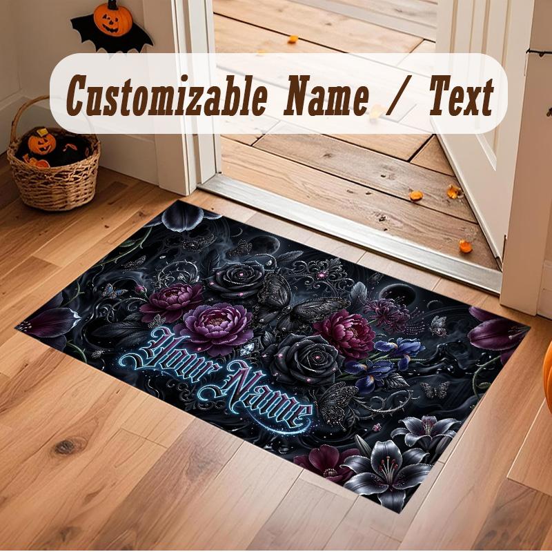 Floral Garden Theme Soft Crystal Velvet Rug Custom Name & Text Print Non Slip Floor Rug for Bedroom Living Room