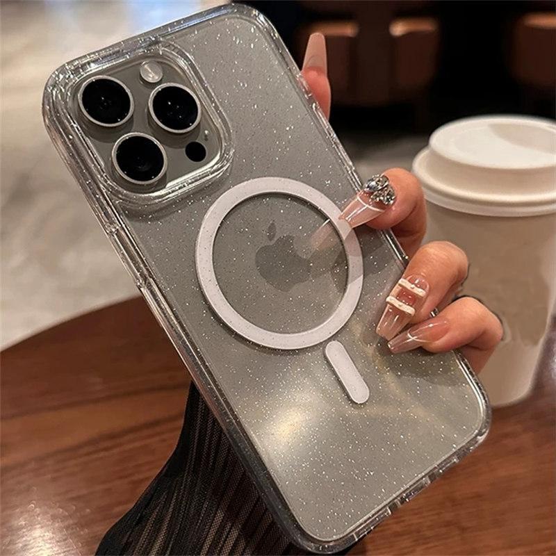Luxuriöser Bling-Glitter für Magsafe Wireless Charge Magnethülle für iPhone 15 14 Plus 13 12 11 Pro Max Klare harte Acrylabdeckung