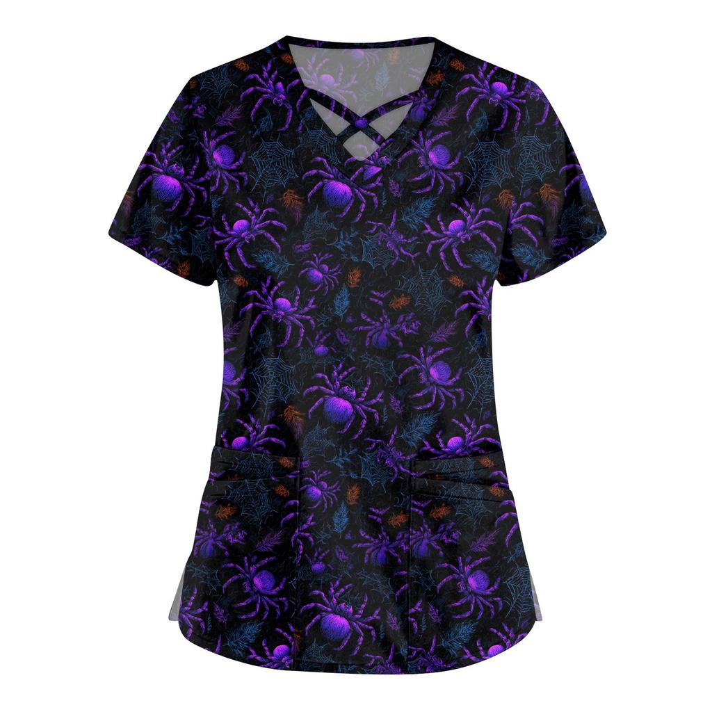 Damenmode V-Ausschnitt Kurzarm Overalls Doppeltasche Halloween Aufdruck Oberteile Bekleidung