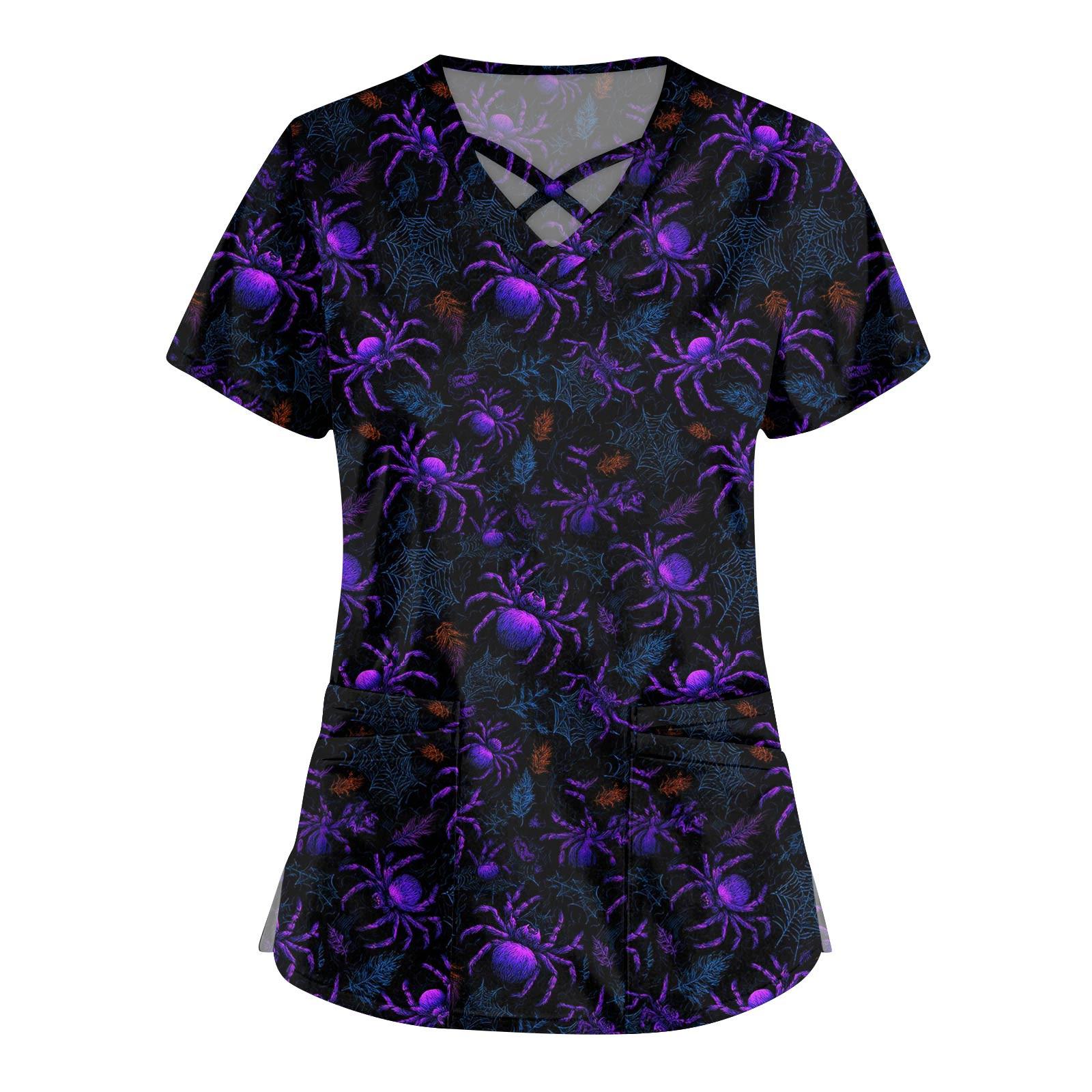 

Женская мода Комбинезон с V-образным вырезом и короткими рукавами Топы с принтом на Хэллоуин с двойным карманом Одежда XXXXXL