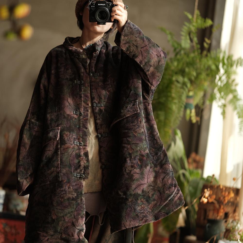 

Johnature Vintage Women Print Floral Stand Long Sleeve Button Warm Coats Winter Pockets Loose Coats One Size