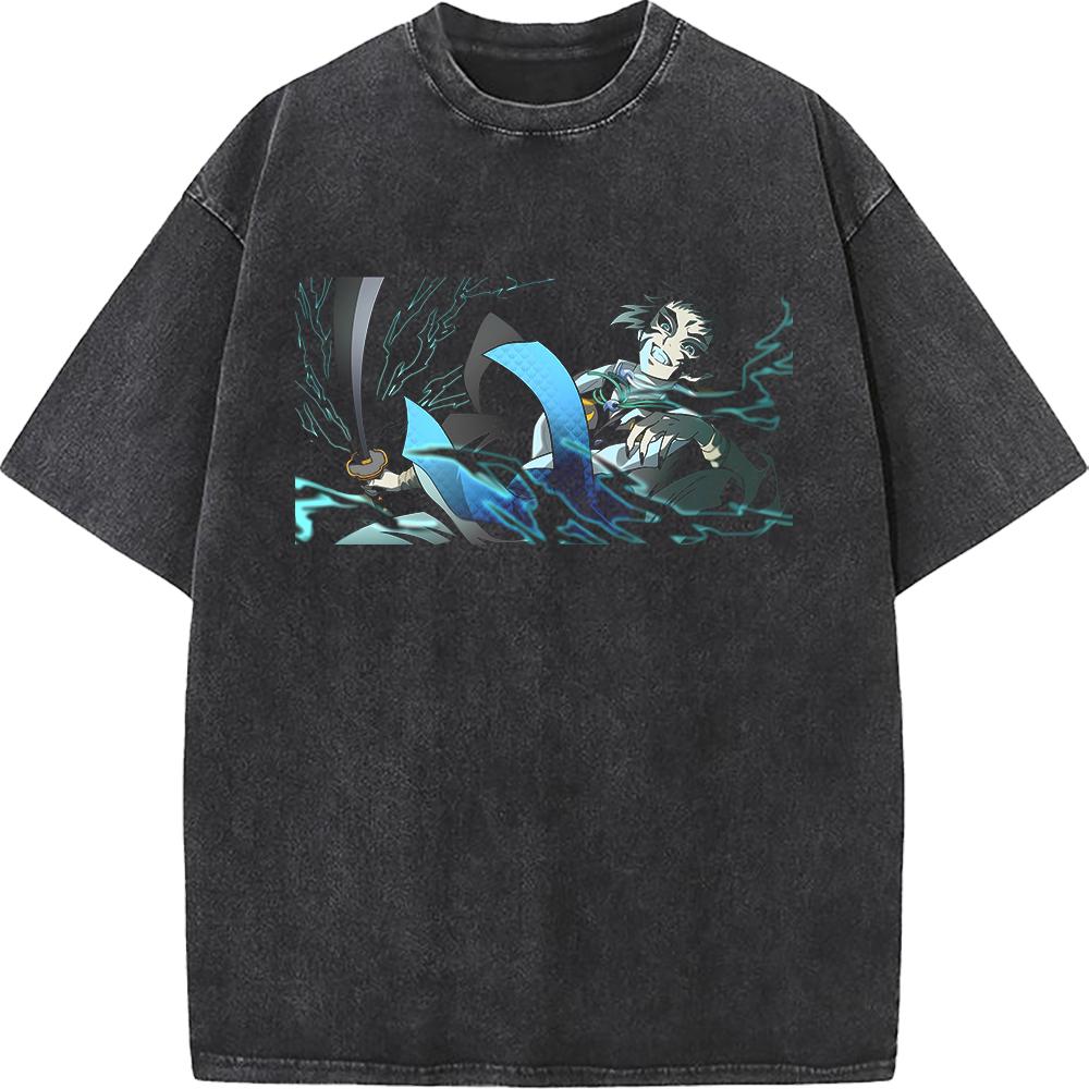 Kaigaku Graphic Washed T Shirt Demon Slayer Anime Tee Men Oversized Cotton Tshirts Harajuku Male Short-sleeve Vintage T-shirt