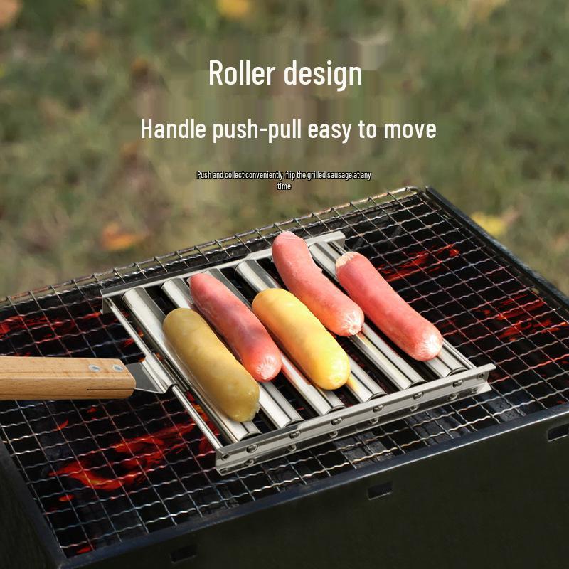 Stainless Steel Portable Detachable Hot Dog & Sausage Grilling Rack Set with Food Clip Fork.