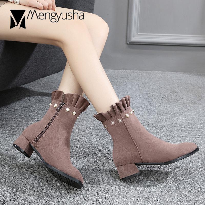 Fashion 41 42 43 Big size women winter booties suede leather ruffles short snow boots girls pearl decorate mid-calf plush botas shoes