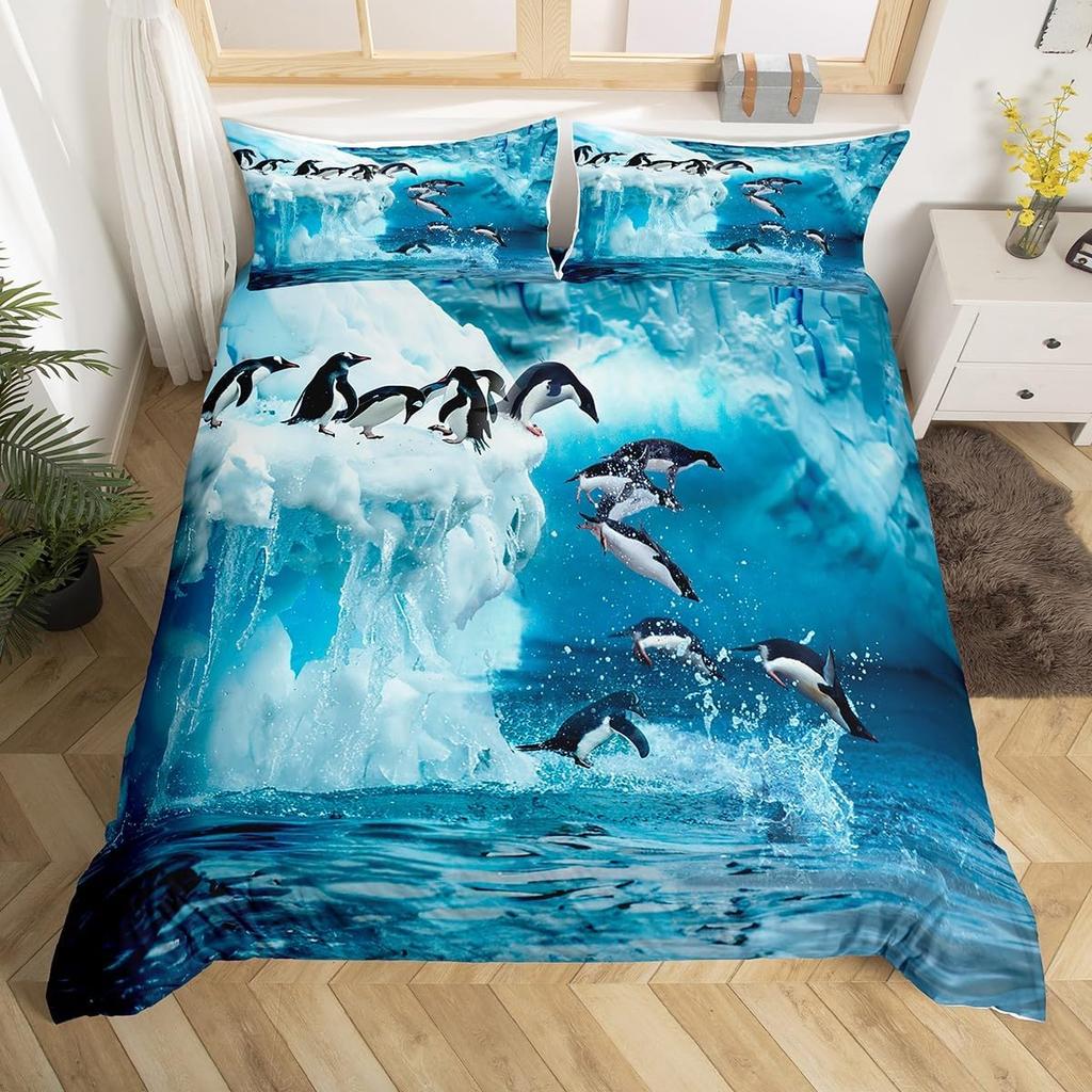 Penguin Duvet Cover Twin Queen Size Antarctic Animal Bedding Set For Kids Boys Girl Cartoon Black White Wildlife Comforter Cover