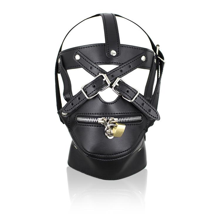 PU Leather Head Hood Harness Lockable Mouth Zipper Mask Padlock  Sex Toys  Bondage Headgear Slave Restraint Adult Game