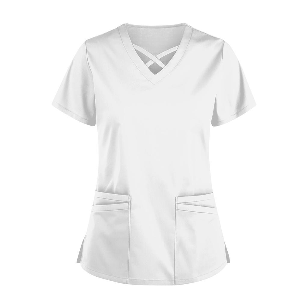Women’s Short Sleeve V Neck Scrub Top with Cross Neckline and Two Front Pockets for Uniforms